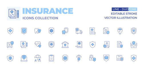 Insurance icons collection. Line Duotone style, editable stroke. box, health insurance, security, protection, padlock, shield, medical report, insurance, safe box, house insurance, check mark