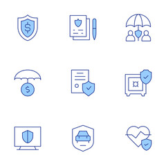 Insurance icons set. Line Duotone style, editable stroke. investment insurance, insurance, policy, health insurance, safe box