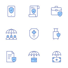 Insurance icons set. Line Duotone style, editable stroke. protection, medical insurance, smartphone, insurance