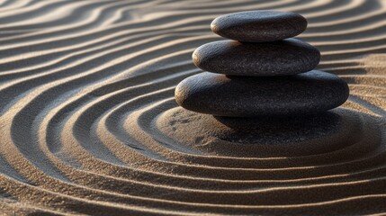 Three gray stones stacked on top of each other in a circle pattern in the sand.