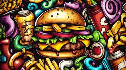 Obraz premium Colorful illustration various fast food items objects background Cartoon doodles