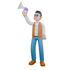3D Male Anthropologist in Professional Role. A male anthropologist is standing while holding up a loudspeaker. Cultural Cartoon