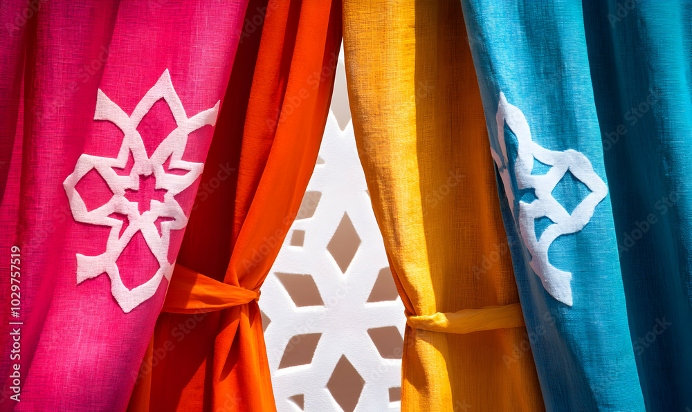 Canvas Prints Colorful curtains with white geometric designs hang in front of a window with a patterned frame.