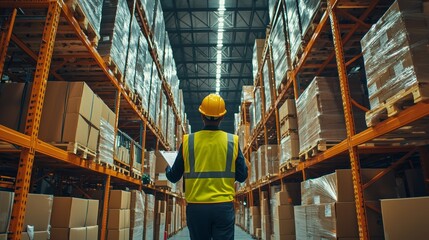 A warehouse worker in a reflective vest and hard hat checks inventory in a large facility. Tall shelves filled with boxes are organized for storage and shipment under bright industrial lighting.