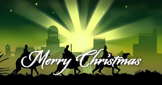 Animation of merry christmas text over christmas bethlehem on green background