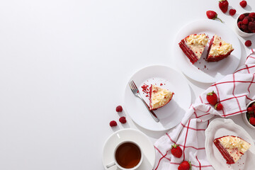 Pieces of red velvet cake on plates, berries and towel on white background, space for text