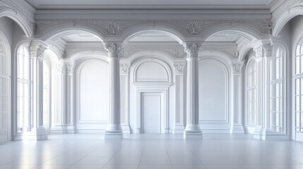 Empty room white walls floor has high ceiling Archway with columns