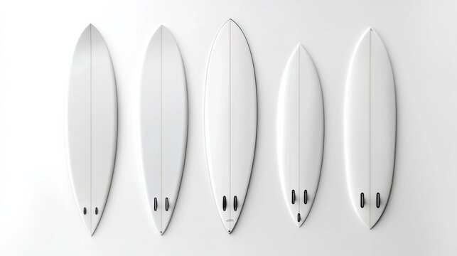 Four white surfboards different sizes shapes are arranged Detailed view