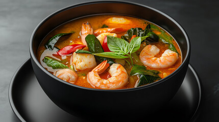Shrimp soup in black bowl, vibrant herbs
