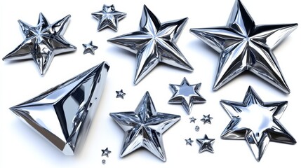 Obraz premium Group nine silver stars scattered randomly white background 3d chrome set