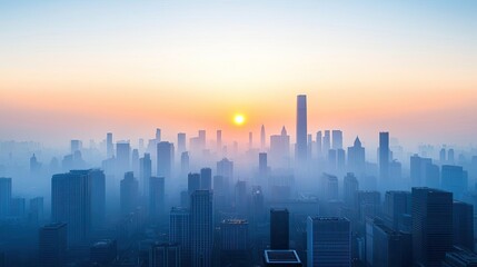 Fototapeta premium City skyline at sunrise with misty atmosphere and silhouettes of skyscrapers.
