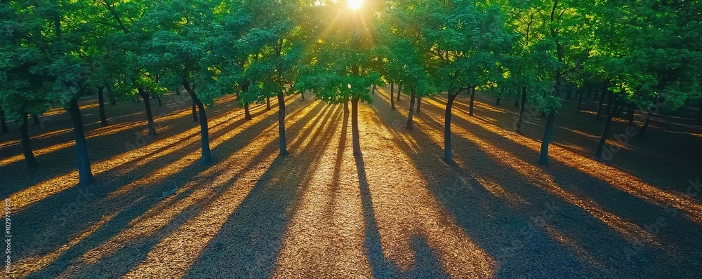 Poster Sunlight filters through trees, casting shadows on a forest floor.
