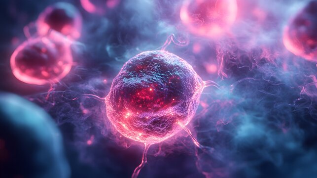 Stem cell in abstract form under the microscope, surrounded by glowing lights in pink and blue hues, soft wisps of smoke, futuristic laboratory setting, neon digital art