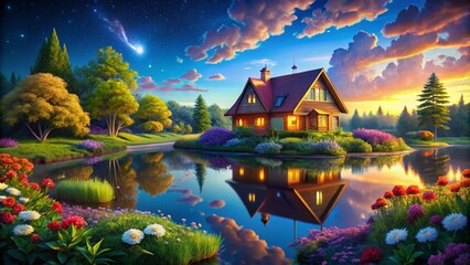 Fototapeta premium Cartoon House by the Serene Lake - Whimsical Landscape Photography