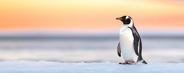 Naklejka premium Penguin standing on ice with a colorful sunset in the background.