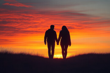 Fototapeta premium A couple is walking together in a field at sunset