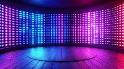 Fototapeta premium Stage circular floor wall covered colorful LED lights Background for television show