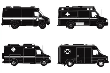 Ambulance silhouette vector. Emergency vehicle silhouettes vector. Ambulance silhouettes vector illustrations. Black silhouettes of ambulance. Medical emergency ambulance silhouettes vector designs