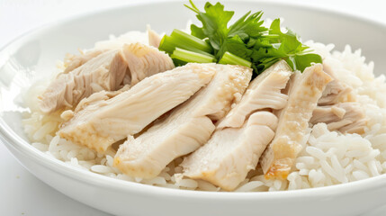 Deliciously prepared chicken served on bed of fluffy white rice, garnished with fresh green herbs, creating mouthwatering dish that is both comforting and satisfying