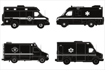 Fototapeta premium Ambulance silhouette vector. Emergency vehicle silhouettes vector. Ambulance silhouettes vector illustrations. Black silhouettes of ambulance. Medical emergency ambulance silhouettes vector designs