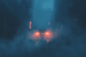 Bright headlights cutting through city fog at dawn, mysterious urban atmosphere.