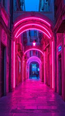Fototapeta premium Bright neon lights contrasting with old architecture in a historic city center, blending past and future.