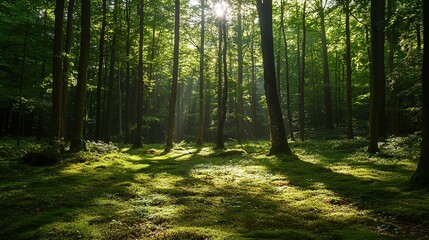 Obraz premium Serene Forest with Sunlight Filtering Through Trees