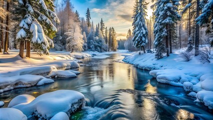 Icy River Through Winter Woods