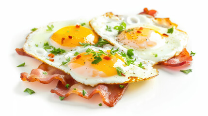 Delicious fried eggs served on crispy bacon, garnished with fresh herbs and sprinkle of chili flakes, creating mouthwatering breakfast dish