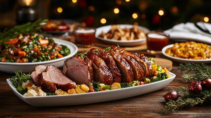 Obraz premium Deliciously roasted meat with festive sides perfect for holiday celebrations and gatherings