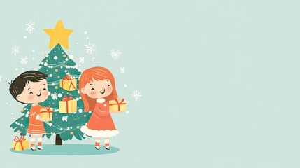 Two Children with Gifts Standing in Front of a Decorated Christmas Tree