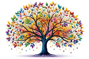 Elegant colorful tree with vibrant leaves hanging branches. Bright color 3d abstraction wallpaper for interior mural painting wall, Generative AI