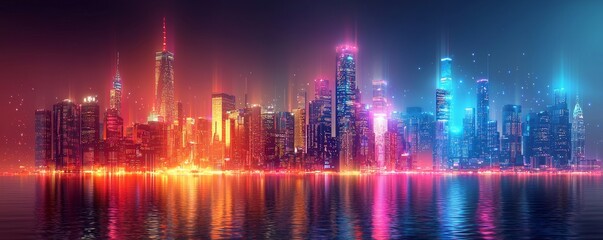 Skyline of a futuristic city glowing with colorful lights, sci-fi cityscape concept.