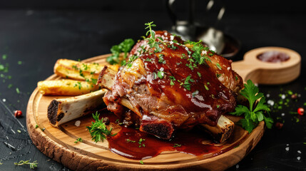 Deliciously cooked meat with rich barbecue sauce, garnished with fresh herbs, served on wooden platter alongside roasted vegetables, creating mouthwatering presentation
