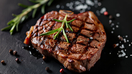 Juicy grilled steak garnished with fresh rosemary and sprinkled with sea salt, showcasing perfect sear and rich texture. Ideal for culinary enthusiasts and food photography