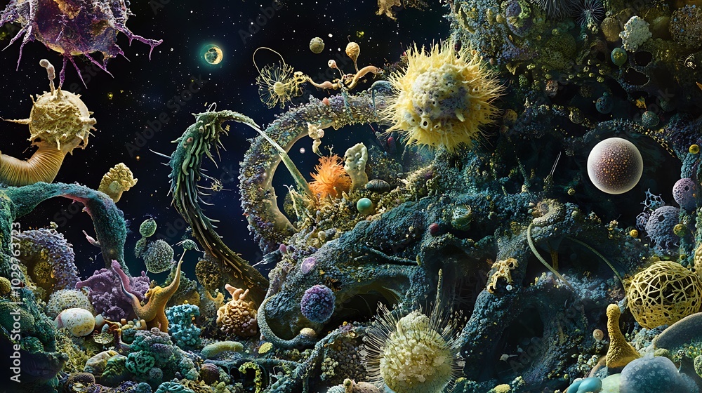 Fototapete a surreal and vibrant 3d rendering of a microscopic world, featuring various colorful cells, spores,