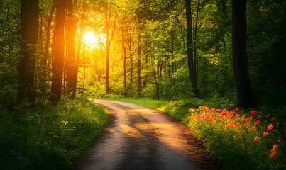 Naklejka premium Dreamlike Landscapes and Mystical Gardens with Vibrant Flowers and Glowing Nature