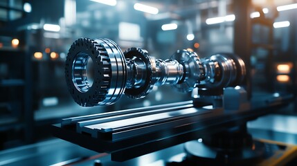 Fototapeta premium The lathe machine cutting the metal shaft.