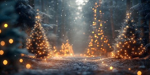 Naklejka premium Magical forest with christmas trees and glowing lights