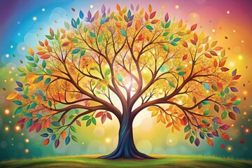 Colorful tree with leaves on hanging branches illustration background. 3d abstraction wallpaper for interior mural wall art decor. Floral tree with multicolor leaves