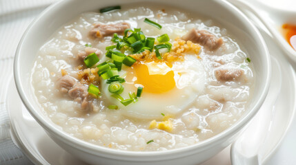 Warm and comforting, this bowl of rice porridge features tender meat, perfectly cooked egg, and fresh green onions, creating delightful and nourishing meal