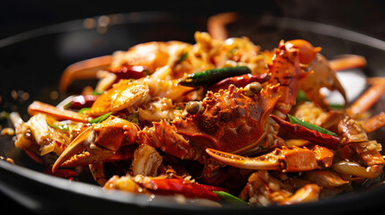 Delicious seafood dish featuring crab, spices, and vibrant vegetables, showcasing rich blend of flavors and textures that tantalize taste buds