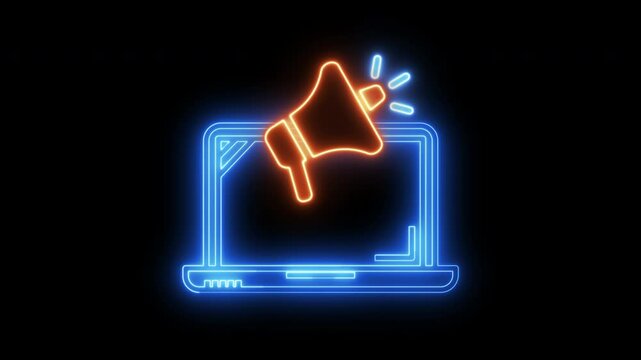 PR Campaign icon, Public Relations concept for construction, Investment, business development and Engineering. Glowing neon line of megaphone with computer laptop icon on transparent background.