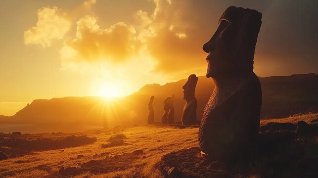 Easter Island Moai Statues at Sunset