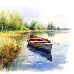 Obraz premium Serene Rowboat on Tranquil Lake Watercolor Illustration - Peaceful Nature Scene with Trees and Calm Water