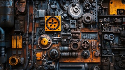 A wall covered in a complex and intricate arrangement of metal gears, cogs, and other machine parts, creating a visually striking and textured backdrop.