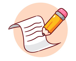 Cute Pencil Writing on Paper Cartoon Vector. Object and Education Concept Design