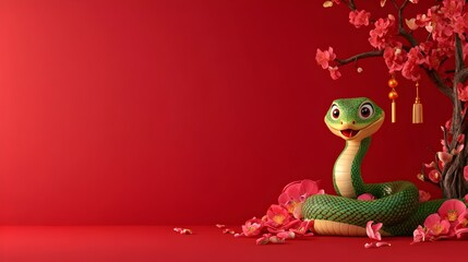 Fototapeta premium Stylized Green Snake with Floral Chinese New Year Decor and Copyspace
