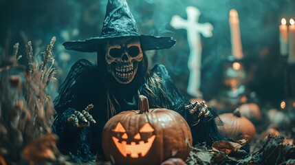 Scary spooky halloween season, monster skull and crossbones halloween witch with pumpkin, halloween and October background