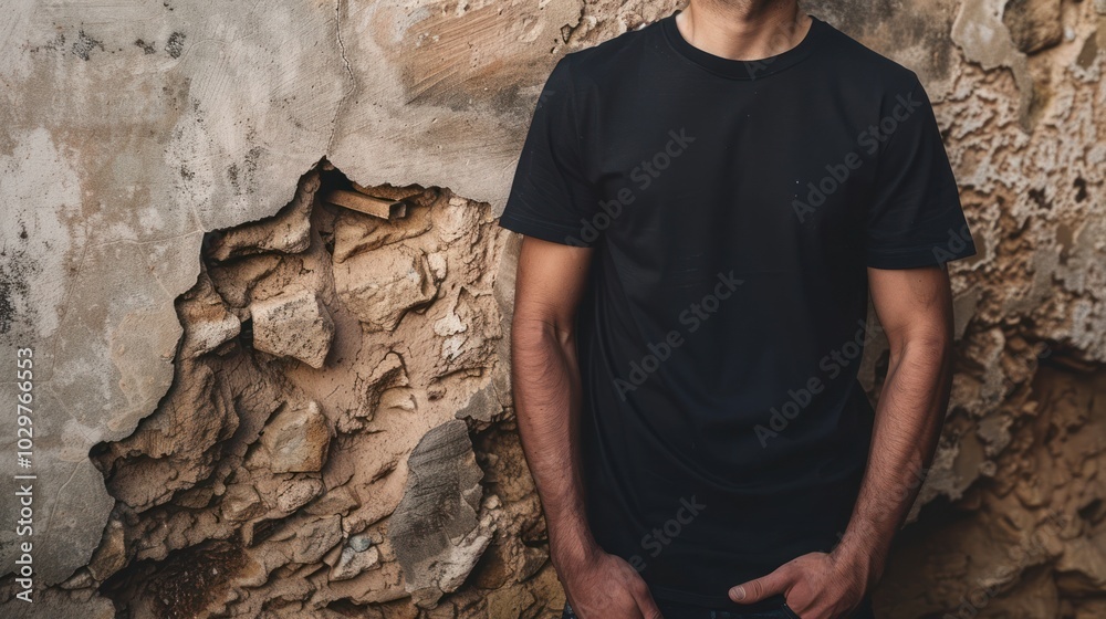 Wall mural Man in Black T-Shirt against a Weathered Wall